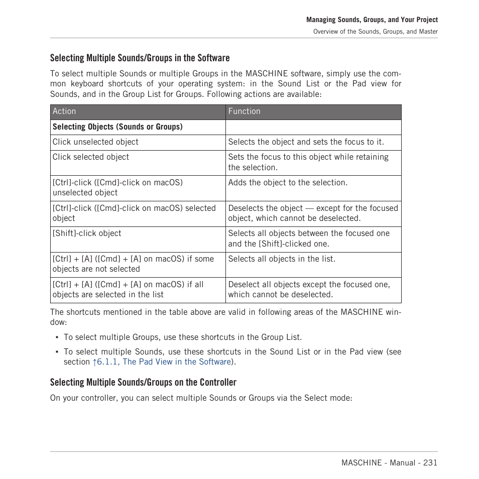 Selecting multiple sounds/groups in the software, Selecting multiple sounds/groups on the controller | Native Instruments MASCHINE MK3 Groove Production Studio (Black) User Manual | Page 231 / 976