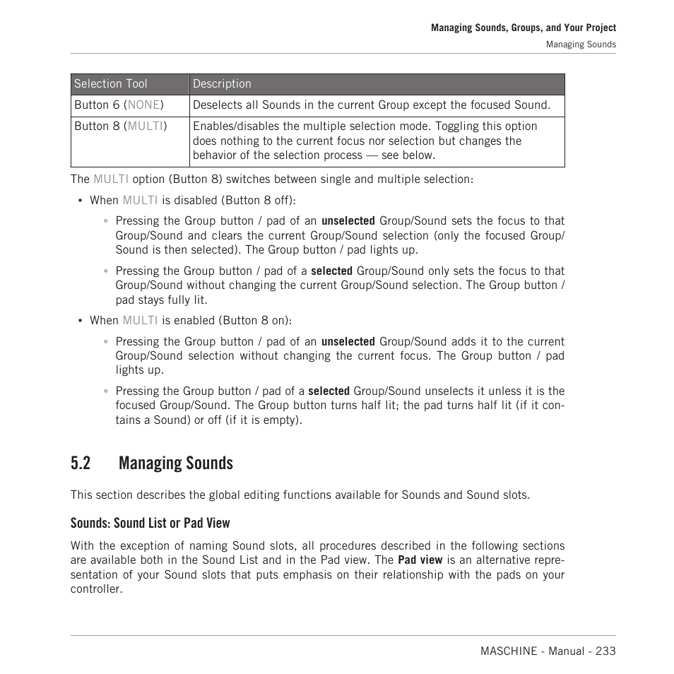 Managing sounds, 2, managing sounds, 2 managing sounds | Sounds: sound list or pad view | Native Instruments MASCHINE MK3 Groove Production Studio (Black) User Manual | Page 233 / 976