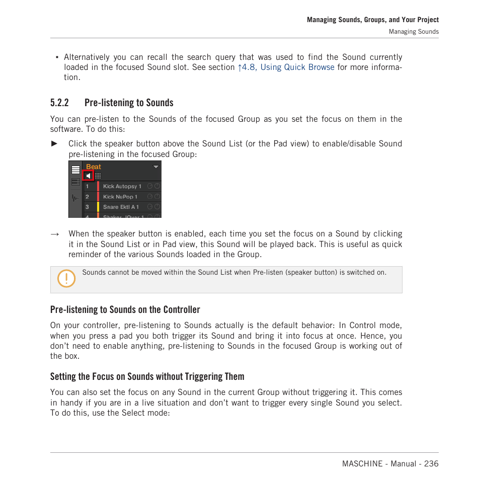 Pre-listening to sounds, 2 pre-listening to sounds, Pre-listening to sounds on the controller | Native Instruments MASCHINE MK3 Groove Production Studio (Black) User Manual | Page 236 / 976