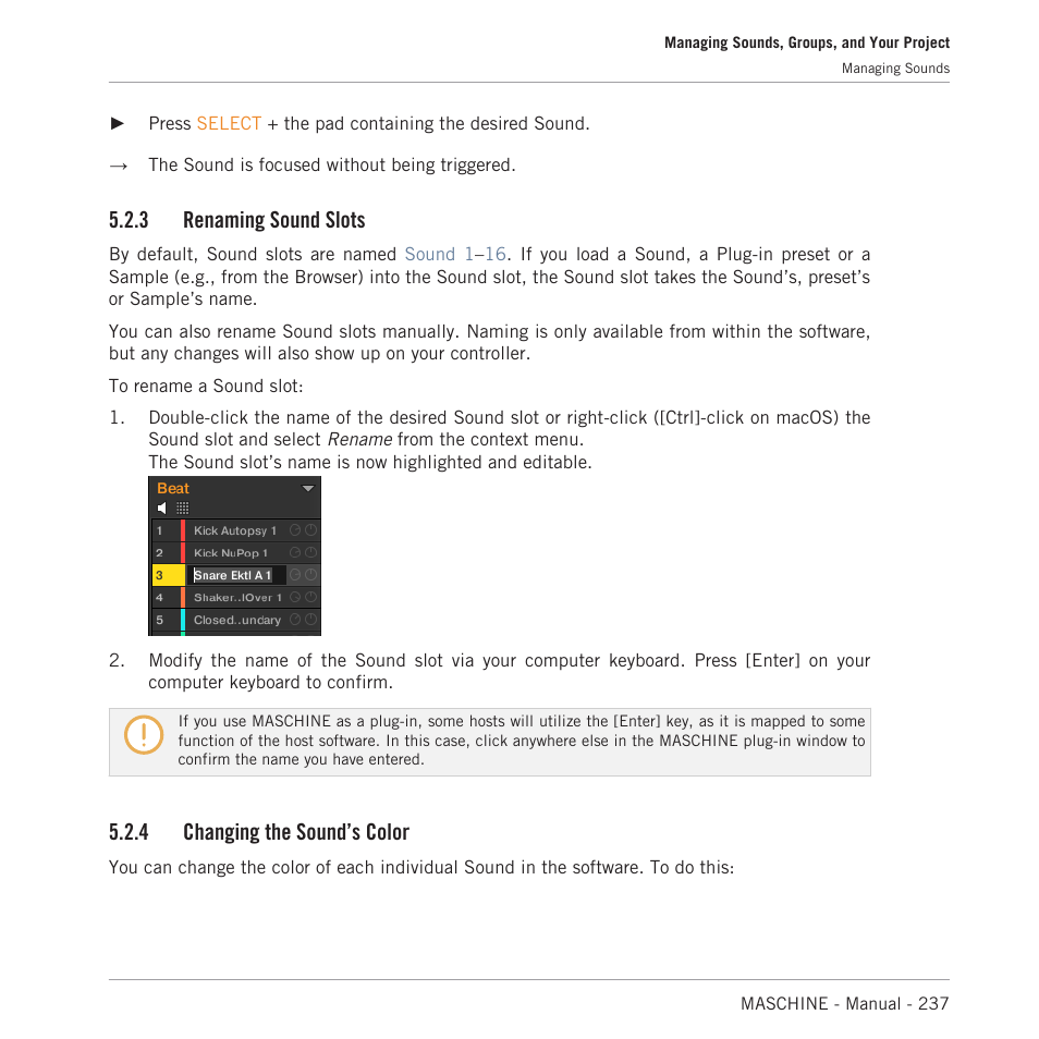 Renaming sound slots, Changing the sound’s color, 4, changing | The sound’s color, 3 renaming sound slots, 4 changing the sound’s color | Native Instruments MASCHINE MK3 Groove Production Studio (Black) User Manual | Page 237 / 976