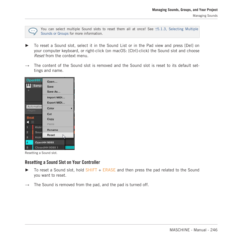 Resetting a sound slot on your controller | Native Instruments MASCHINE MK3 Groove Production Studio (Black) User Manual | Page 246 / 976