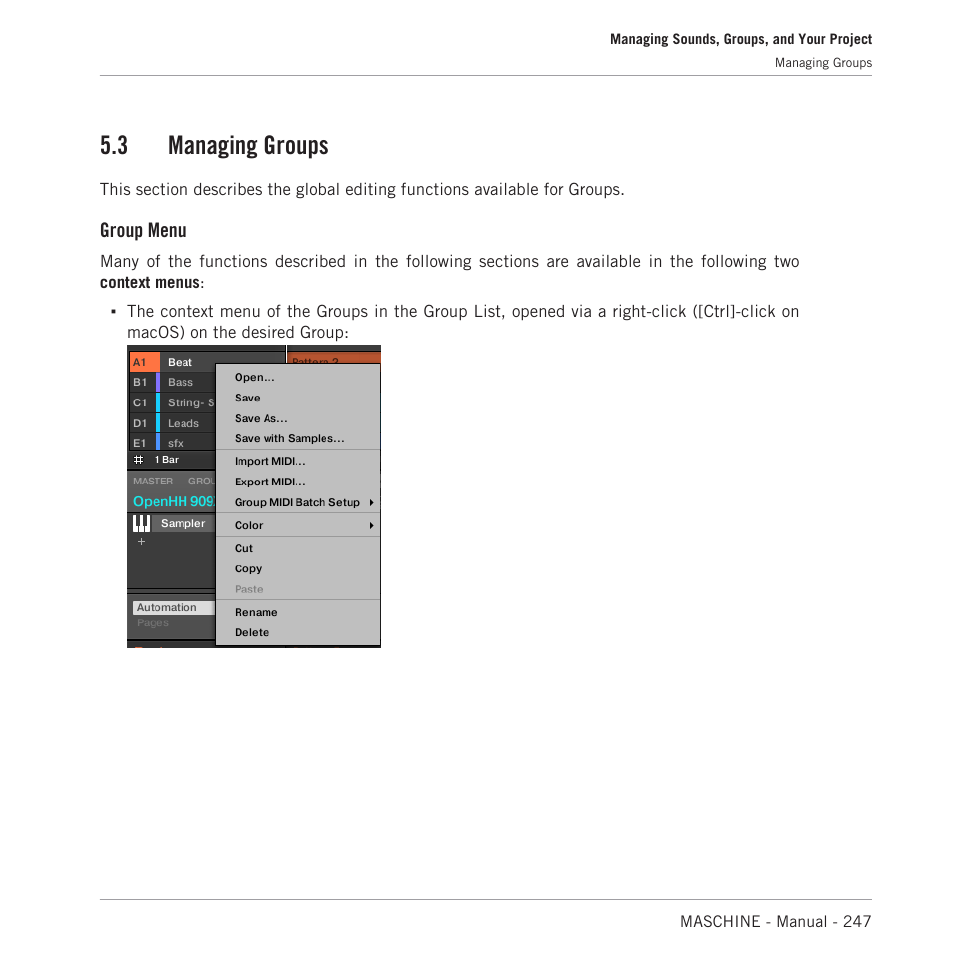 Managing groups, 3, managing groups, 3 managing groups | Group menu | Native Instruments MASCHINE MK3 Groove Production Studio (Black) User Manual | Page 247 / 976