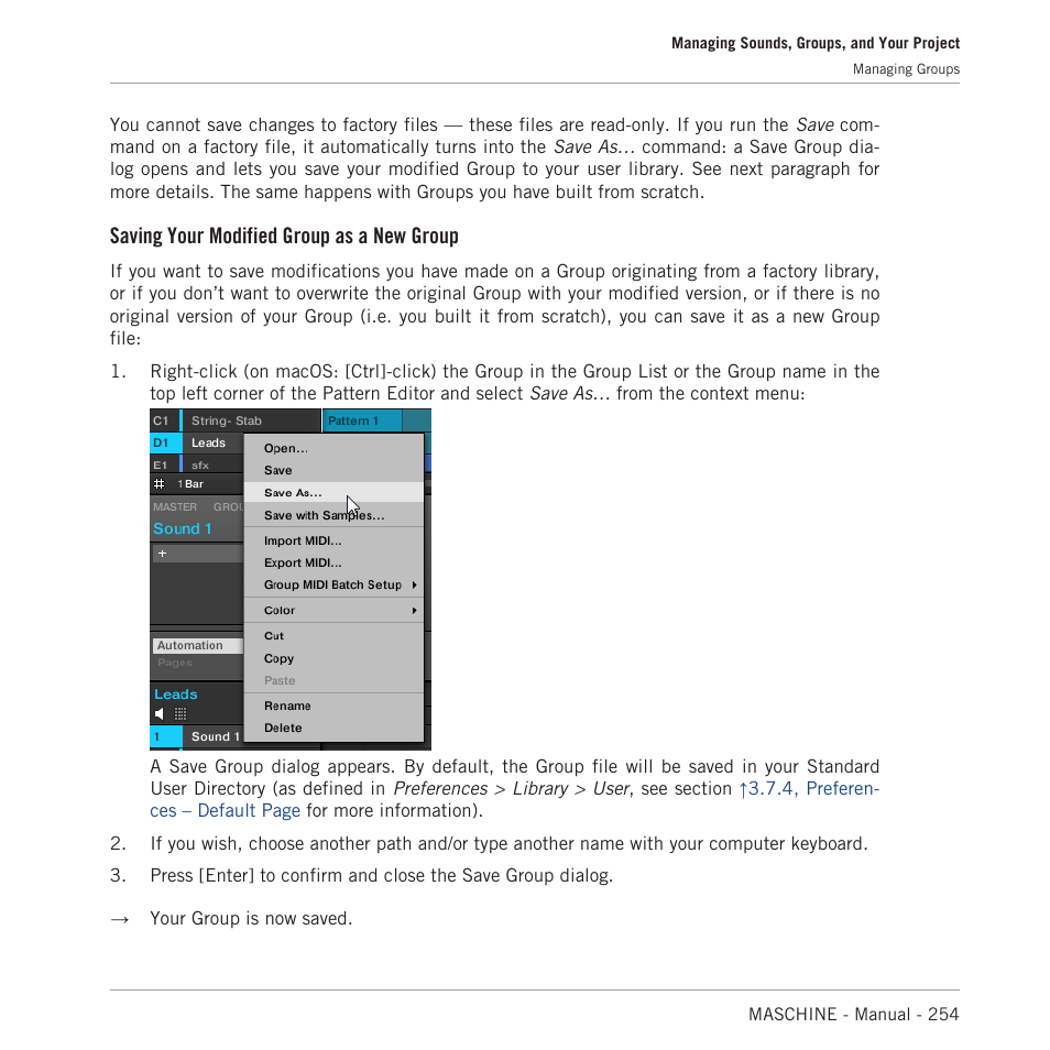 Saving your modified group as a new group | Native Instruments MASCHINE MK3 Groove Production Studio (Black) User Manual | Page 254 / 976