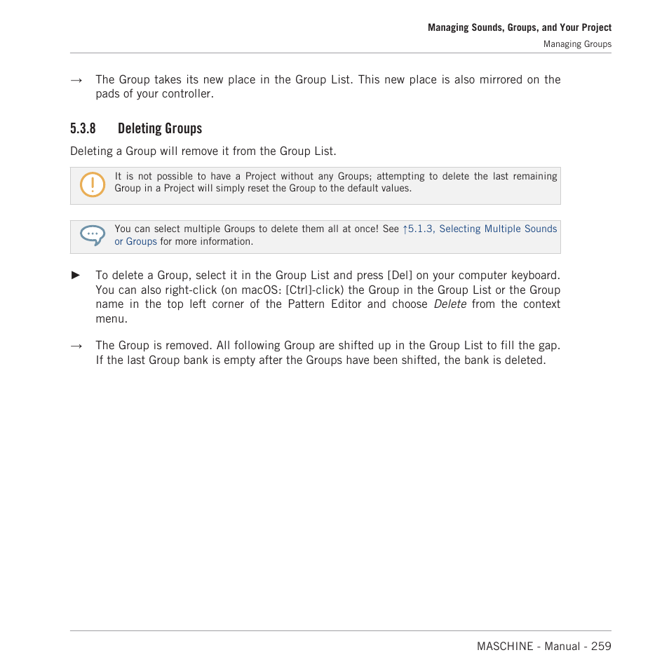 Deleting groups, 8, deleting groups, 8 deleting groups | Native Instruments MASCHINE MK3 Groove Production Studio (Black) User Manual | Page 259 / 976