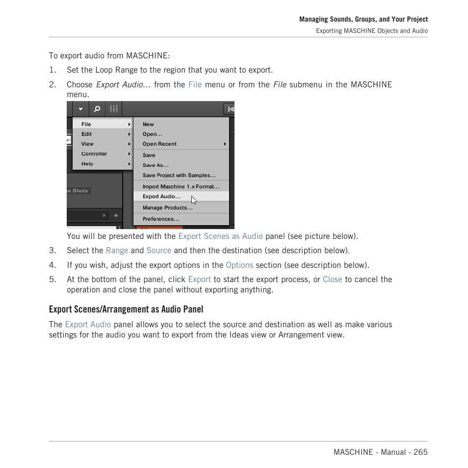 Export scenes/arrangement as audio panel | Native Instruments MASCHINE MK3 Groove Production Studio (Black) User Manual | Page 265 / 976