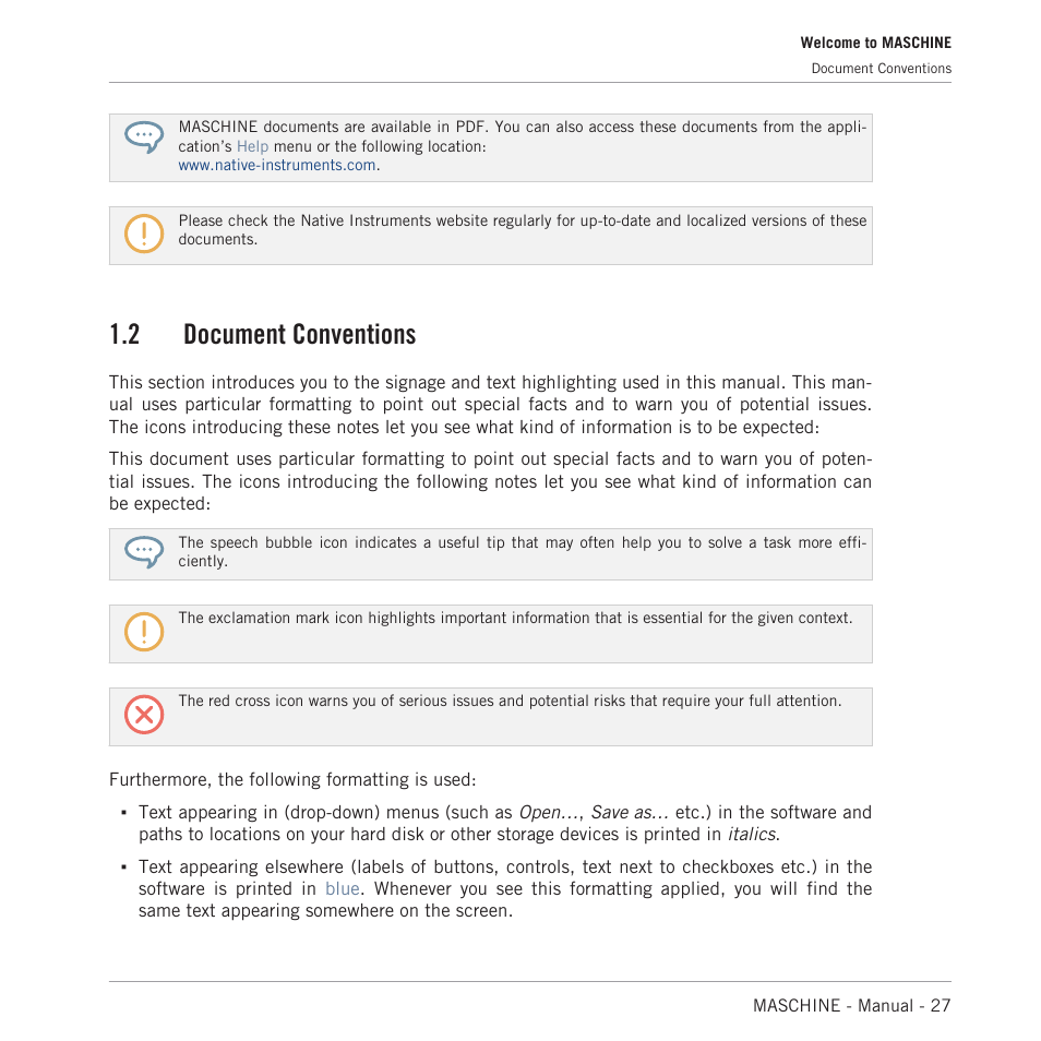 Document conventions, 2 document conventions | Native Instruments MASCHINE MK3 Groove Production Studio (Black) User Manual | Page 27 / 976