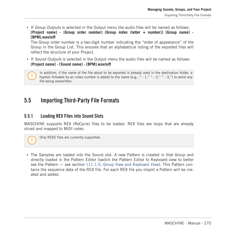 Importing third-party file formats, Loading rex files into sound slots, 5 importing third-party file formats | 1 loading rex files into sound slots | Native Instruments MASCHINE MK3 Groove Production Studio (Black) User Manual | Page 270 / 976