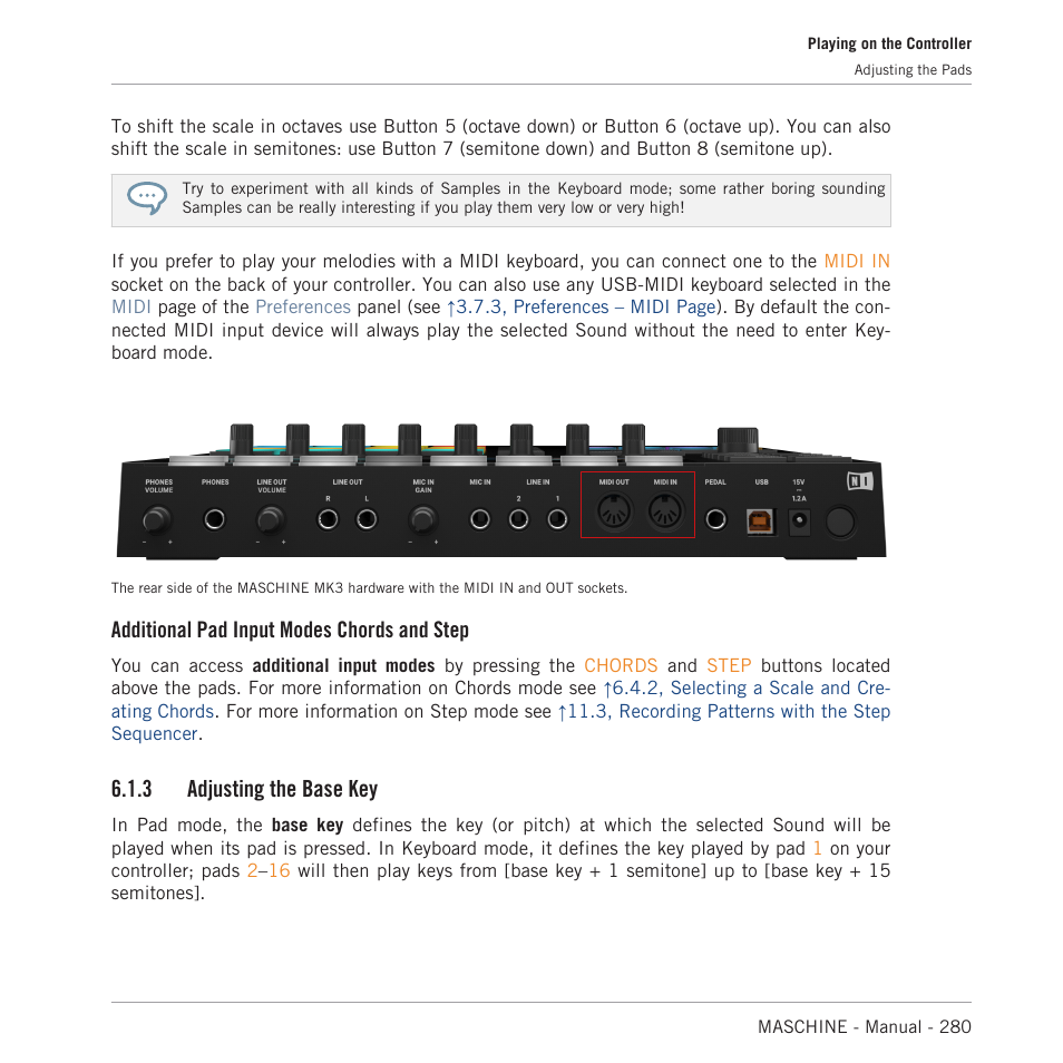 Adjusting the base key, Additional pad input modes chords and step, 3 adjusting the base key | Native Instruments MASCHINE MK3 Groove Production Studio (Black) User Manual | Page 280 / 976