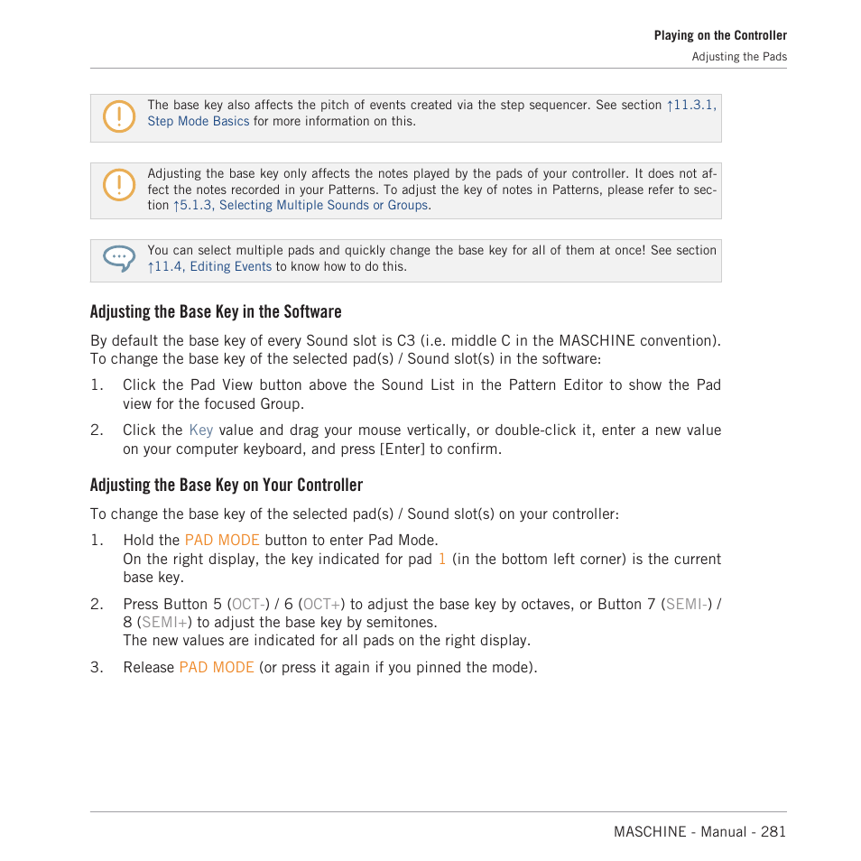 Adjusting the base key in the software, Adjusting the base key on your controller | Native Instruments MASCHINE MK3 Groove Production Studio (Black) User Manual | Page 281 / 976