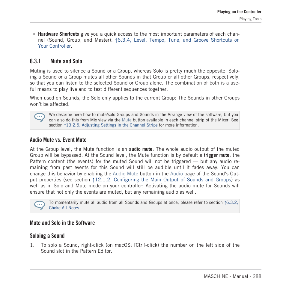 Mute and solo, 1, mute, And solo | 1 mute and solo, Audio mute vs. event mute, Mute and solo in the software soloing a sound | Native Instruments MASCHINE MK3 Groove Production Studio (Black) User Manual | Page 288 / 976