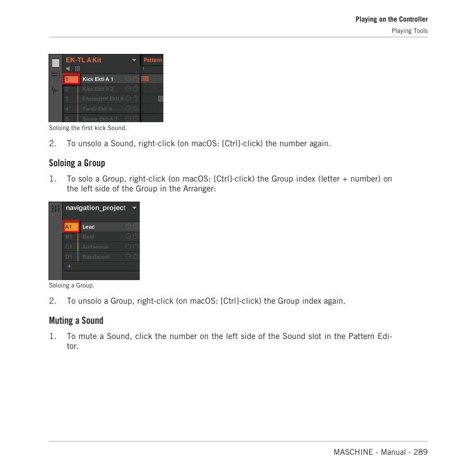 Soloing a group, Muting a sound | Native Instruments MASCHINE MK3 Groove Production Studio (Black) User Manual | Page 289 / 976