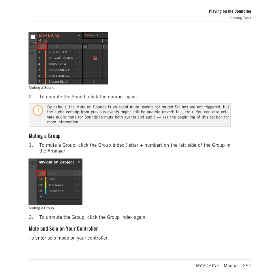 Muting a group, Mute and solo on your controller | Native Instruments MASCHINE MK3 Groove Production Studio (Black) User Manual | Page 290 / 976