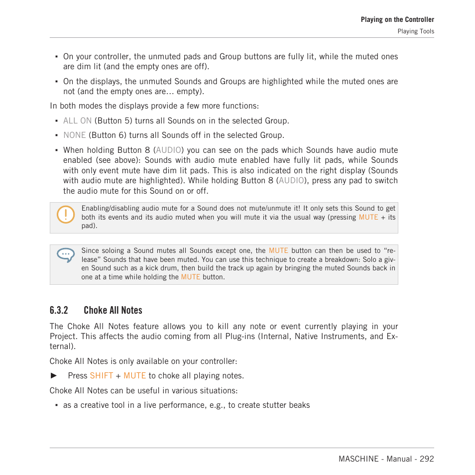 Choke all notes, Allow you to cut all playing audio, 2, choke all notes | Native Instruments MASCHINE MK3 Groove Production Studio (Black) User Manual | Page 292 / 976