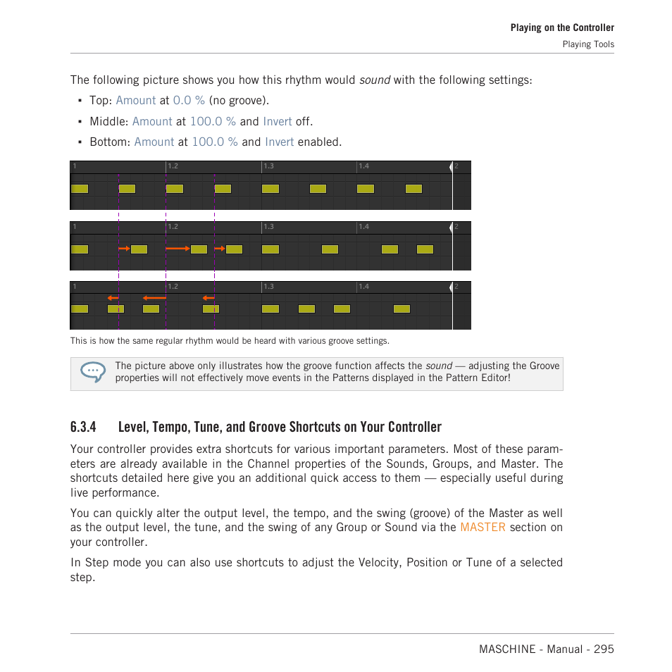 4, level, tempo, tune, and groove shortcuts on, Your controller | Native Instruments MASCHINE MK3 Groove Production Studio (Black) User Manual | Page 295 / 976