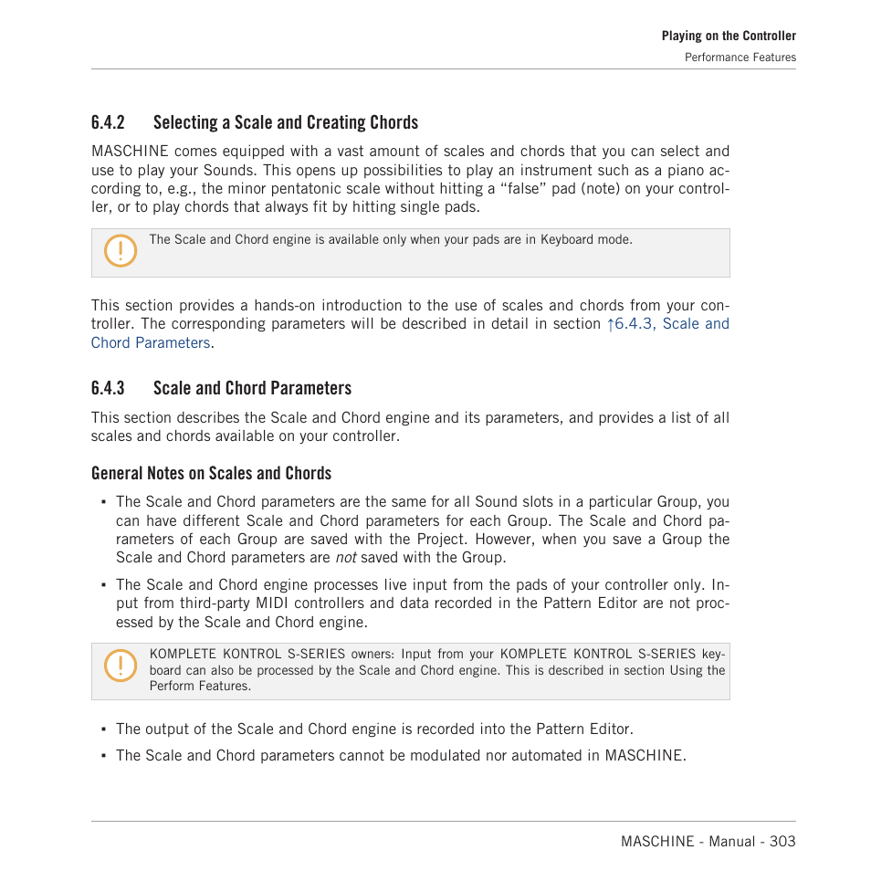 Selecting a scale and creating chords, Scale and chord parameters, 2, selecting a scale and creating chords | For more information on scales, 2, selecting a scale and cre, Ating chords, 2 selecting a scale and creating chords, 3 scale and chord parameters | Native Instruments MASCHINE MK3 Groove Production Studio (Black) User Manual | Page 303 / 976