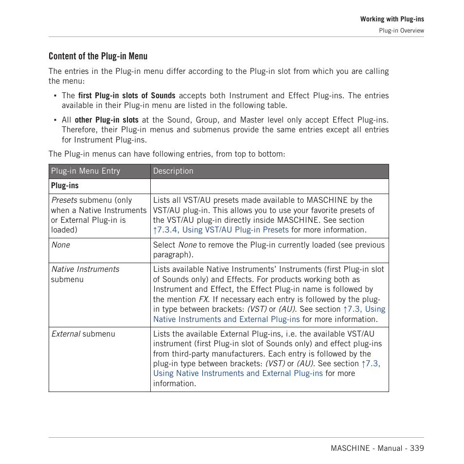 Content of the plug-in menu | Native Instruments MASCHINE MK3 Groove Production Studio (Black) User Manual | Page 339 / 976