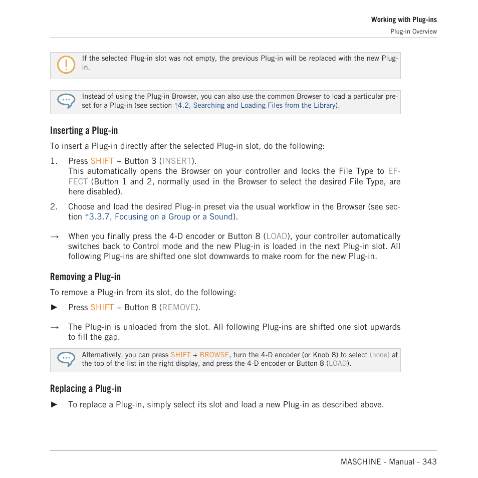 Inserting a plug-in, Removing a plug-in, Replacing a plug-in | Native Instruments MASCHINE MK3 Groove Production Studio (Black) User Manual | Page 343 / 976