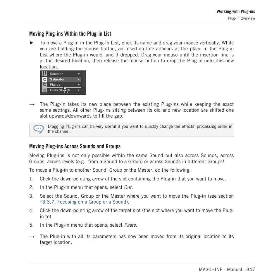 Moving plug-ins within the plug-in list, Moving plug-ins across sounds and groups | Native Instruments MASCHINE MK3 Groove Production Studio (Black) User Manual | Page 347 / 976