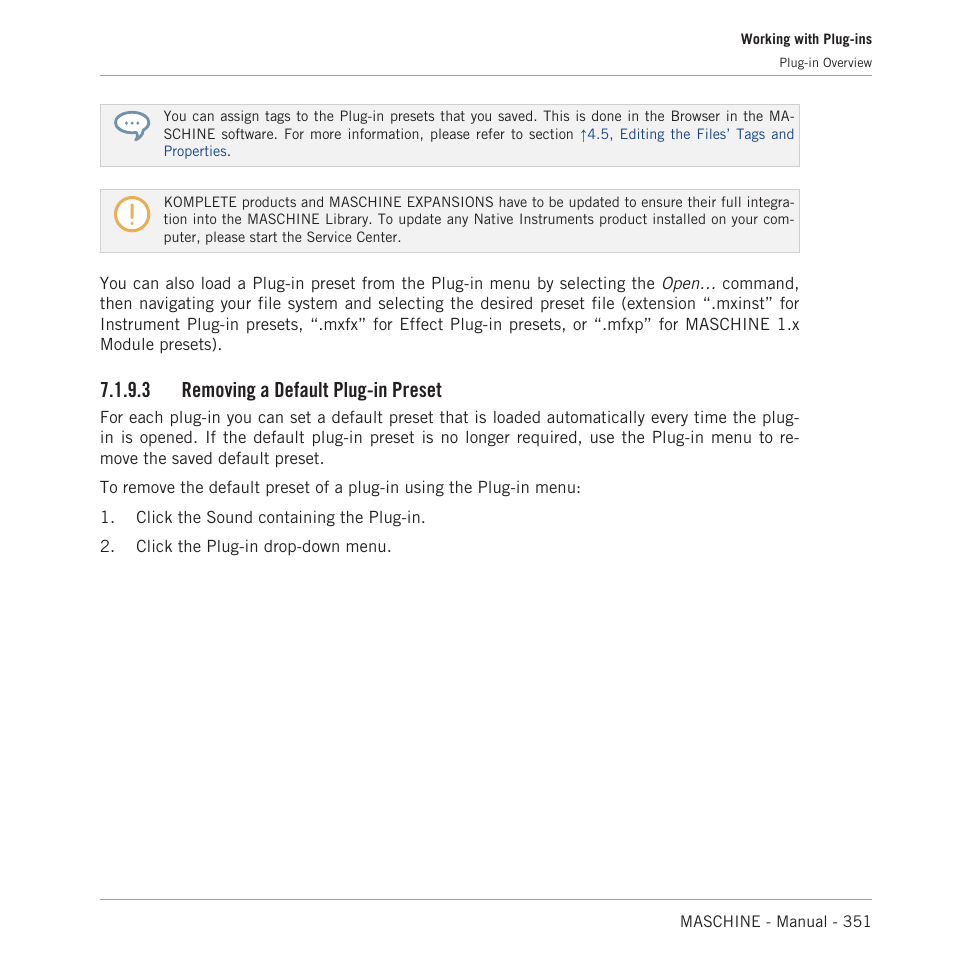 Removing a default plug-in preset, 3 removing a default plug-in preset | Native Instruments MASCHINE MK3 Groove Production Studio (Black) User Manual | Page 351 / 976