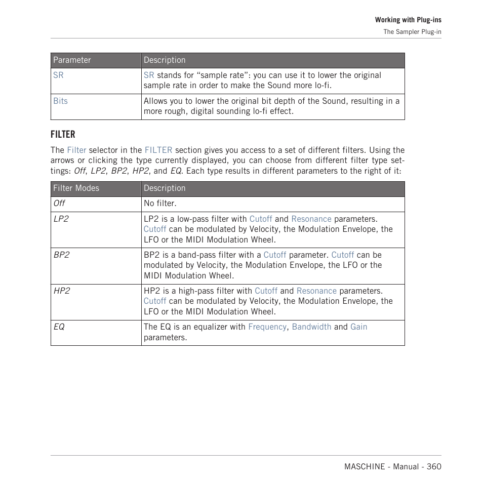 Filter | Native Instruments MASCHINE MK3 Groove Production Studio (Black) User Manual | Page 360 / 976