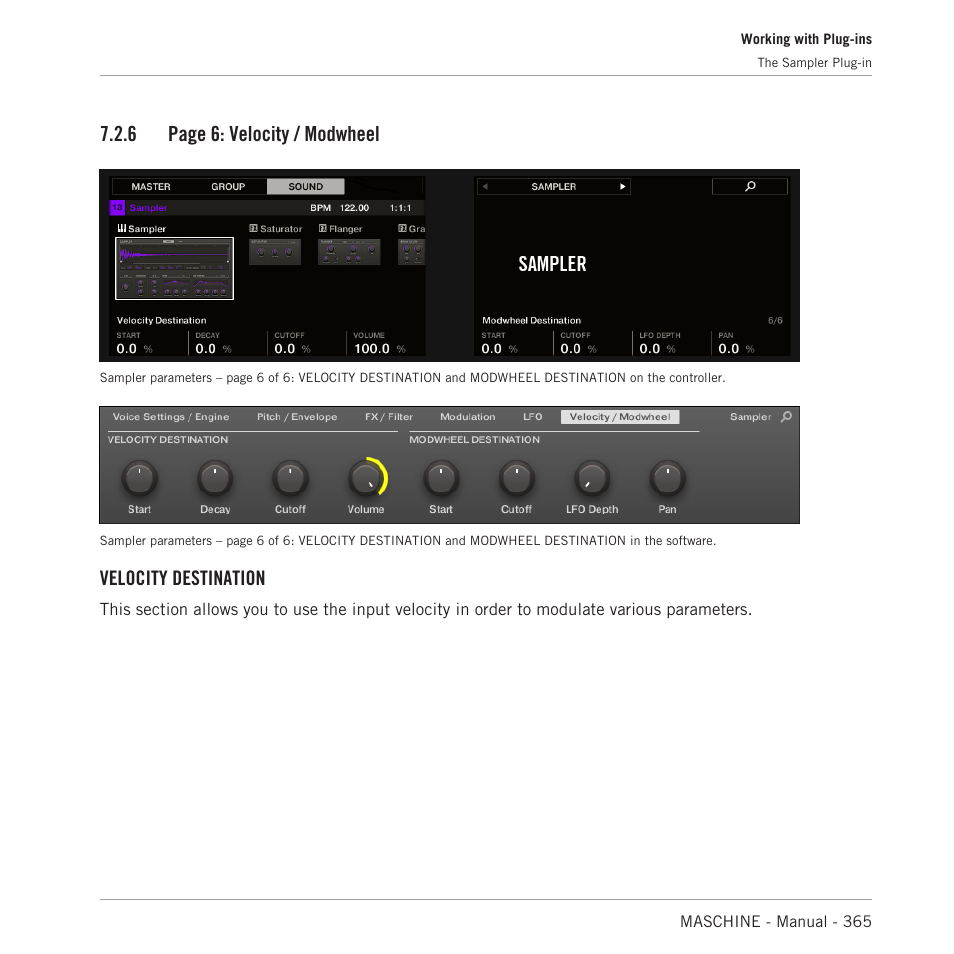 6 page 6: velocity / modwheel, Velocity destination | Native Instruments MASCHINE MK3 Groove Production Studio (Black) User Manual | Page 365 / 976