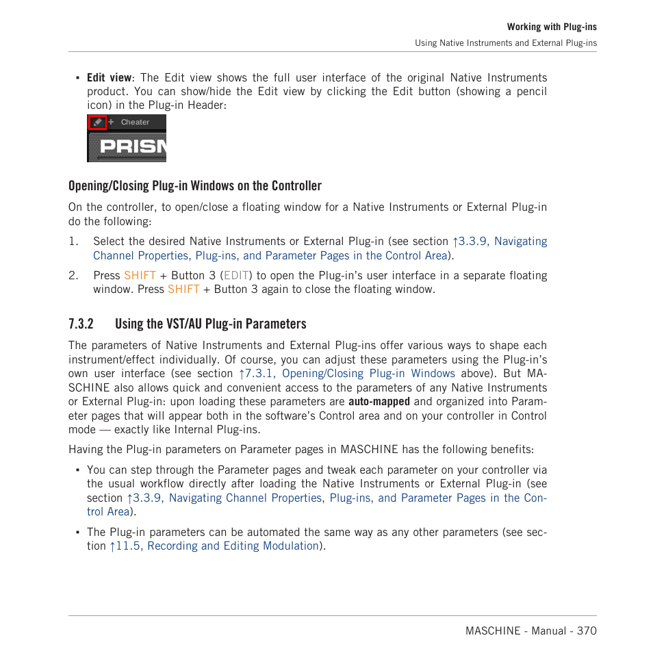 Using the vst/au plug-in parameters, Opening/closing plug-in windows on the controller, 2 using the vst/au plug-in parameters | Native Instruments MASCHINE MK3 Groove Production Studio (Black) User Manual | Page 370 / 976