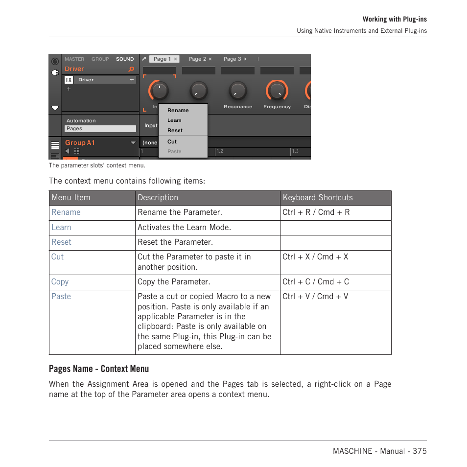 Pages name - context menu | Native Instruments MASCHINE MK3 Groove Production Studio (Black) User Manual | Page 375 / 976