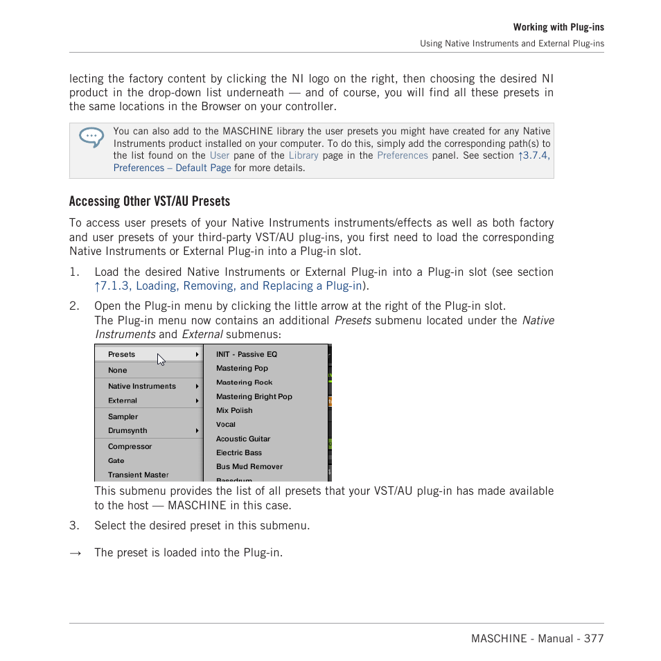 Accessing other vst/au presets | Native Instruments MASCHINE MK3 Groove Production Studio (Black) User Manual | Page 377 / 976