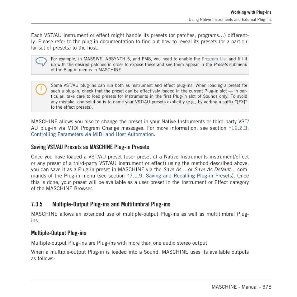 Multiple-output plug-ins and multitimbral plug-ins, Saving vst/au presets as maschine plug-in presets, Multiple-output plug-ins | Native Instruments MASCHINE MK3 Groove Production Studio (Black) User Manual | Page 378 / 976