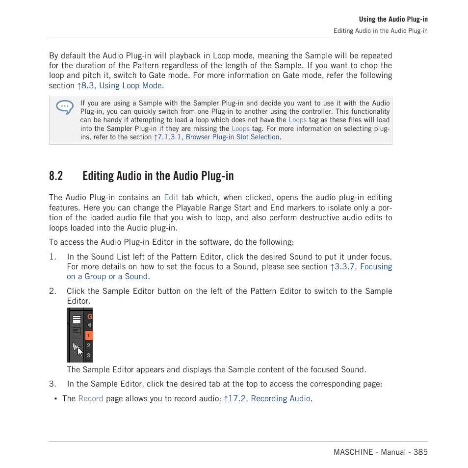 Editing audio in the audio plug-in, 2 editing audio in the audio plug-in | Native Instruments MASCHINE MK3 Groove Production Studio (Black) User Manual | Page 385 / 976