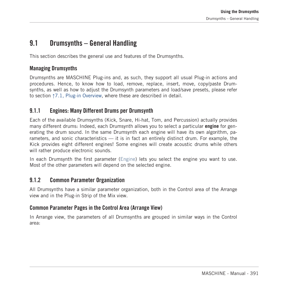 Drumsynths – general handling, Engines: many different drums per drumsynth, Common parameter organization | 1, drum, Synths – general handling, 1 drumsynths – general handling, Managing drumsynths, 1 engines: many different drums per drumsynth, 2 common parameter organization | Native Instruments MASCHINE MK3 Groove Production Studio (Black) User Manual | Page 391 / 976