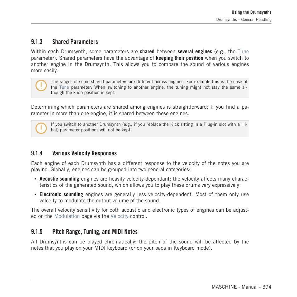 Shared parameters, Various velocity responses, Pitch range, tuning, and midi notes | 5, pitch range, tuning, and midi notes, 3 shared parameters, 4 various velocity responses | Native Instruments MASCHINE MK3 Groove Production Studio (Black) User Manual | Page 394 / 976