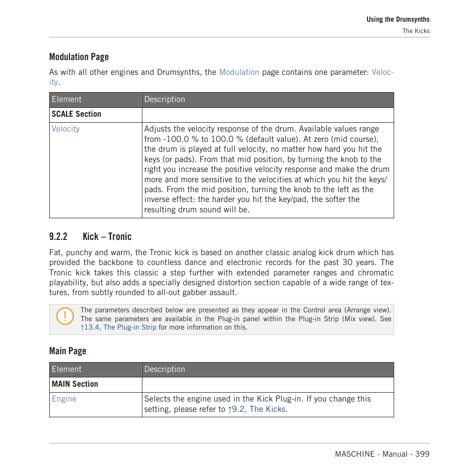 Kick – tronic, 2, kick – tronic, Modulation page | 2 kick – tronic, Main page | Native Instruments MASCHINE MK3 Groove Production Studio (Black) User Manual | Page 399 / 976