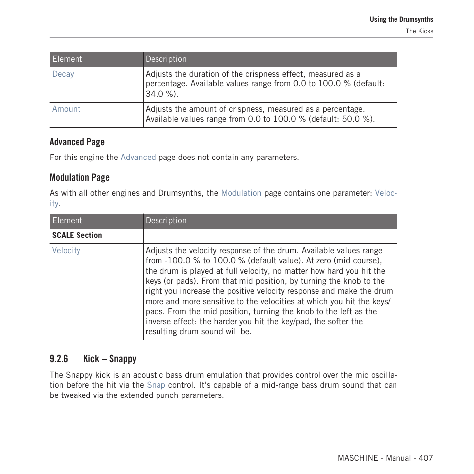 Kick – snappy, 6, kick – snappy, Advanced page | Modulation page, 6 kick – snappy | Native Instruments MASCHINE MK3 Groove Production Studio (Black) User Manual | Page 407 / 976