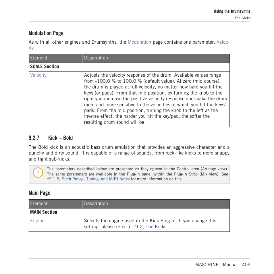 Kick – bold, 7, kick – bold, Modulation page | 7 kick – bold, Main page | Native Instruments MASCHINE MK3 Groove Production Studio (Black) User Manual | Page 409 / 976