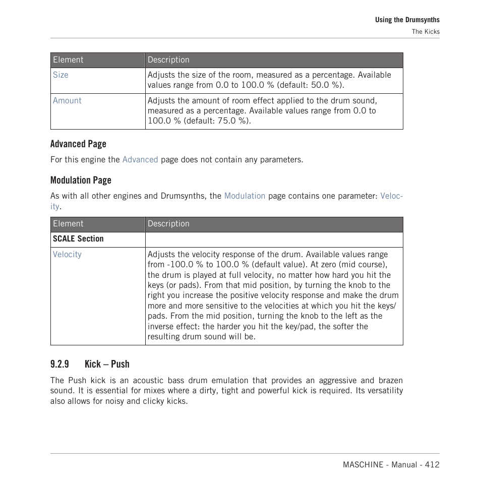 Kick – push, 9, kick – push, Advanced page | Modulation page, 9 kick – push | Native Instruments MASCHINE MK3 Groove Production Studio (Black) User Manual | Page 412 / 976