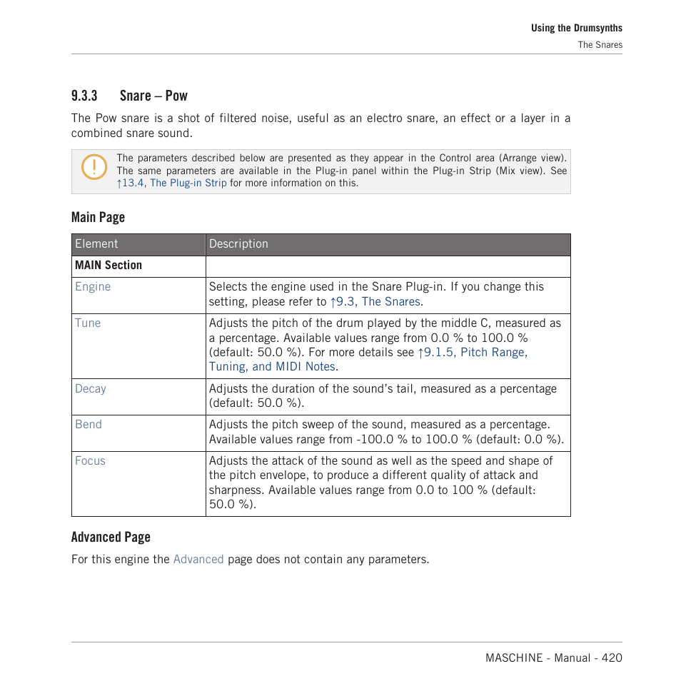 Snare – pow, 3, snare – pow, 3 snare – pow | Main page, Advanced page | Native Instruments MASCHINE MK3 Groove Production Studio (Black) User Manual | Page 420 / 976