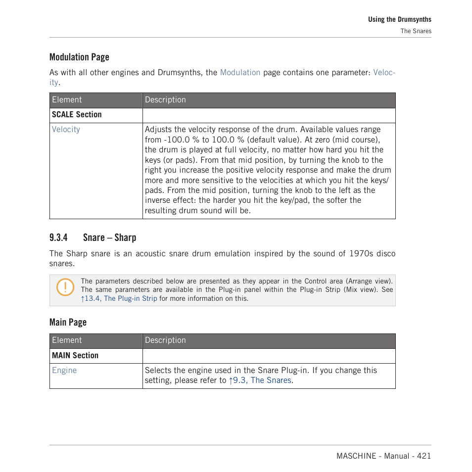 Snare – sharp, 4, snare – sharp, Modulation page | 4 snare – sharp, Main page | Native Instruments MASCHINE MK3 Groove Production Studio (Black) User Manual | Page 421 / 976