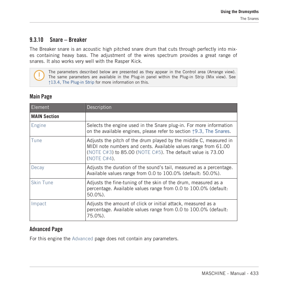 Snare – breaker, 10 snare – breaker, Main page | Advanced page | Native Instruments MASCHINE MK3 Groove Production Studio (Black) User Manual | Page 433 / 976