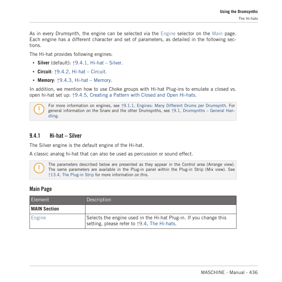 Hi-hat – silver, 1 hi-hat – silver, Main page | Native Instruments MASCHINE MK3 Groove Production Studio (Black) User Manual | Page 436 / 976