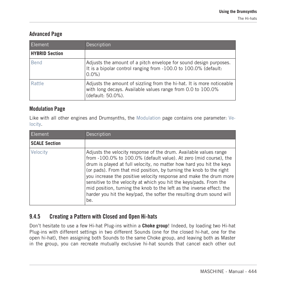 Creating a pattern with closed and open hi-hats, Open hi-hat set up, 5, creating a pattern with closed and open hi-hats | Advanced page, Modulation page, 5 creating a pattern with closed and open hi-hats | Native Instruments MASCHINE MK3 Groove Production Studio (Black) User Manual | Page 444 / 976