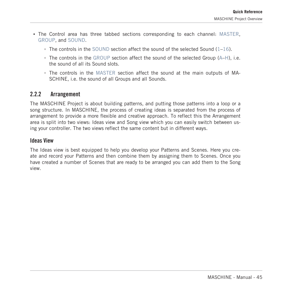 Arrangement, 2 arrangement, Ideas view | Native Instruments MASCHINE MK3 Groove Production Studio (Black) User Manual | Page 45 / 976