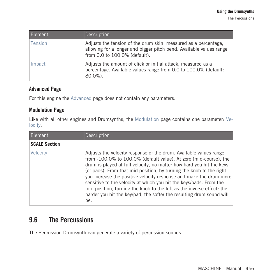 The percussions, The percussion plug-in, 6, the percussions | 6 the percussions, Advanced page, Modulation page | Native Instruments MASCHINE MK3 Groove Production Studio (Black) User Manual | Page 456 / 976