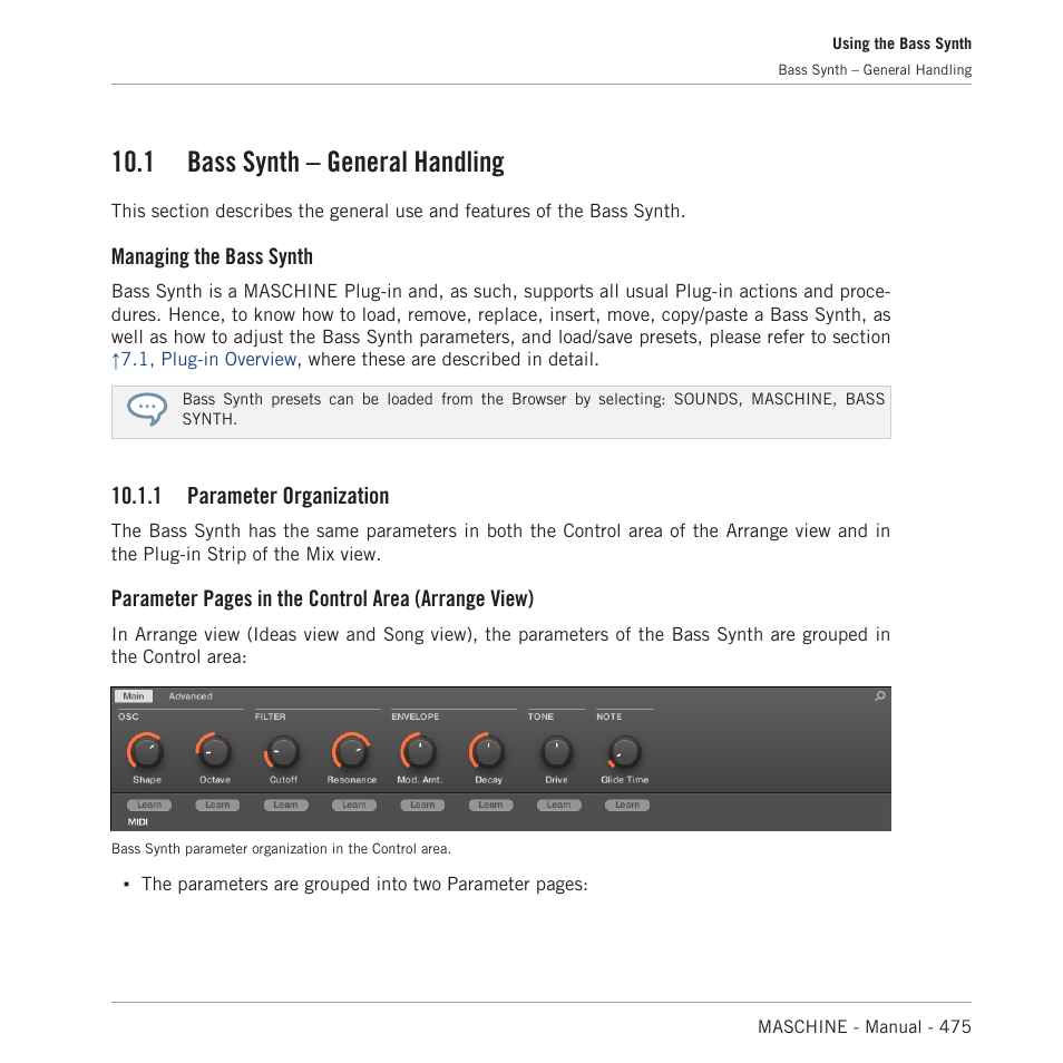 Bass synth – general handling, Parameter organization, An overview of the bass synth | 1, bass synth – general handling, 1 bass synth – general handling, Managing the bass synth, 1 parameter organization, Parameter pages in the control area (arrange view) | Native Instruments MASCHINE MK3 Groove Production Studio (Black) User Manual | Page 475 / 976