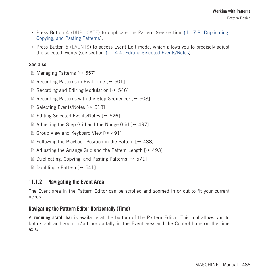 Navigating the event area, 2, navigating the event area, 2 navigating the event area | Navigating the pattern editor horizontally (time) | Native Instruments MASCHINE MK3 Groove Production Studio (Black) User Manual | Page 486 / 976