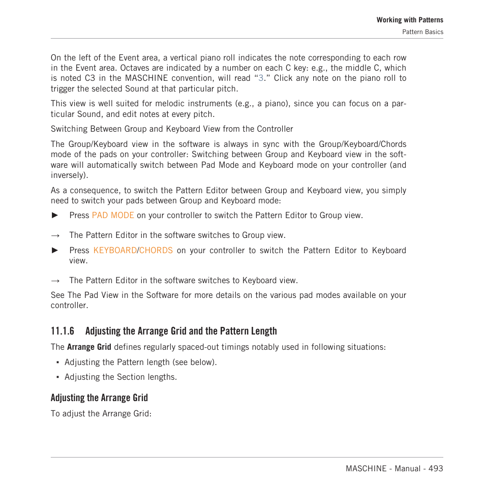 Adjusting the arrange grid and the pattern length, Section, 6, adjusting the arrange grid and the pattern | Length, 6, adjusting the arrange grid and the pat, Tern length, 6, adjusting the, Arrange grid and the pattern length, 6, adjusting the arrange grid and the, Pattern length | Native Instruments MASCHINE MK3 Groove Production Studio (Black) User Manual | Page 493 / 976