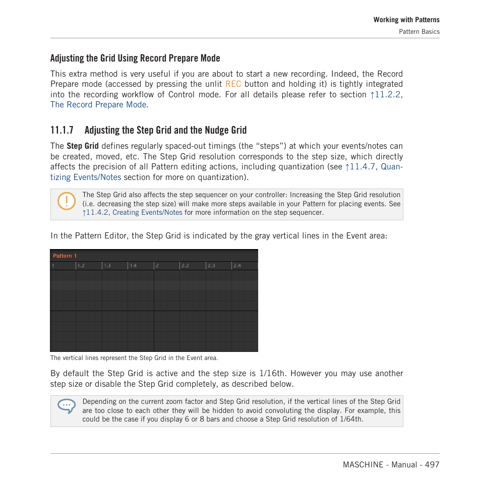 Adjusting the step grid and the nudge grid, 7, adjusting the step grid, And the nudge grid | 7, adjusting the step grid and the, Nudge grid, Section, 7, adjusting the step grid and the nudge, Grid, Adjusting the grid using record prepare mode, 7 adjusting the step grid and the nudge grid | Native Instruments MASCHINE MK3 Groove Production Studio (Black) User Manual | Page 497 / 976