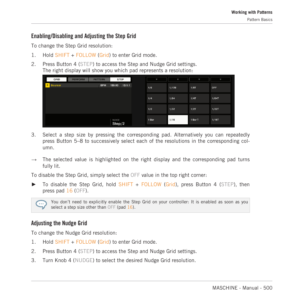 Enabling/disabling and adjusting the step grid, Adjusting the nudge grid | Native Instruments MASCHINE MK3 Groove Production Studio (Black) User Manual | Page 500 / 976