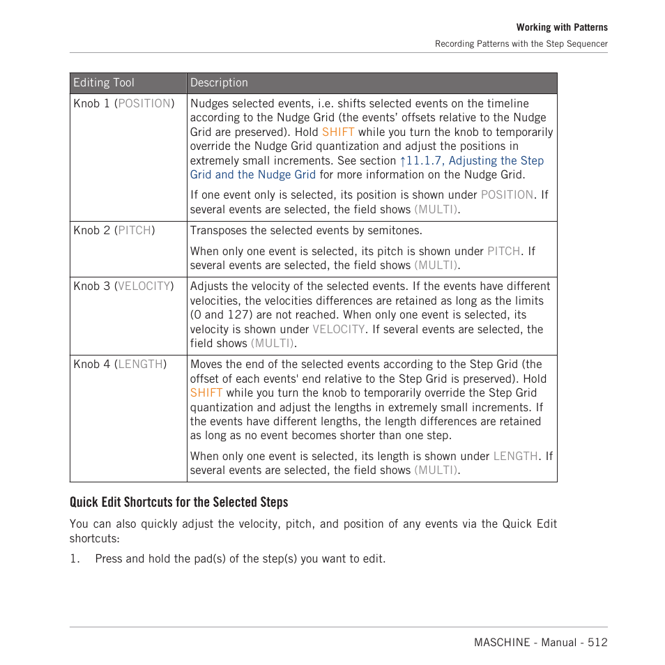 Quick edit shortcuts for the selected steps | Native Instruments MASCHINE MK3 Groove Production Studio (Black) User Manual | Page 512 / 976