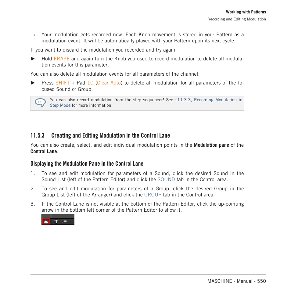 3, creating, And editing modulation in the control lane, Displaying the modulation pane in the control lane | Native Instruments MASCHINE MK3 Groove Production Studio (Black) User Manual | Page 550 / 976